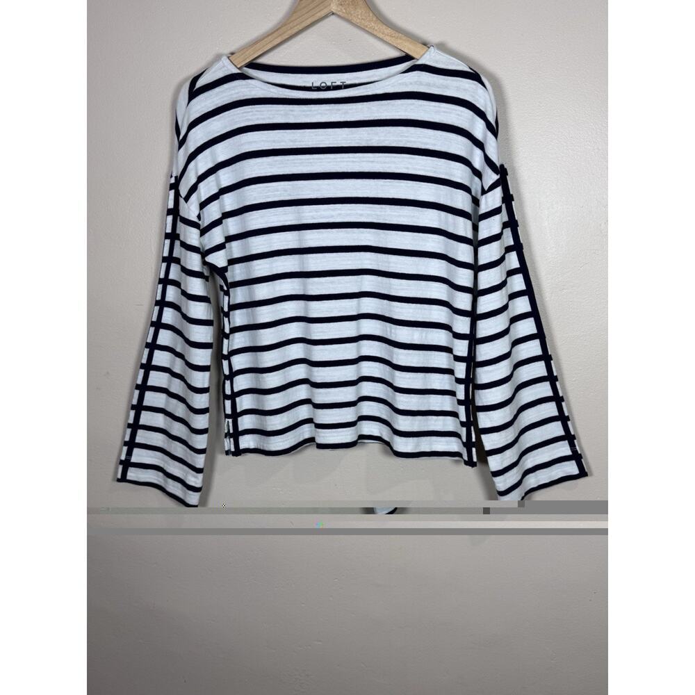 Loft Womens Striped Top Long Flare Sleeve Navy 100% Cotton S Coastal Nautical